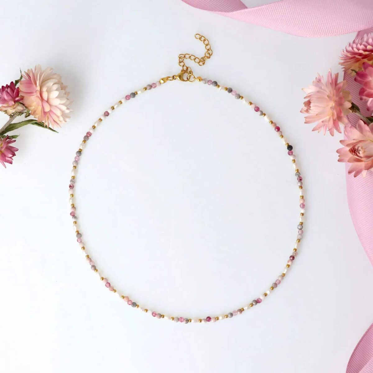 Naszyjnik choker z Jaspisem zebra, Kryształem górskim, Perłą naturalną