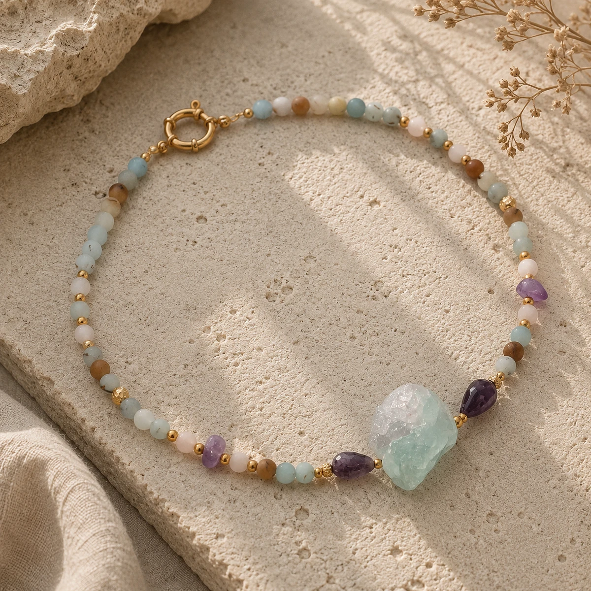 AMULET Świadomości i Serca z fluorytem, kwarcem różowym, ametystem, amazonitem – limitowany drop