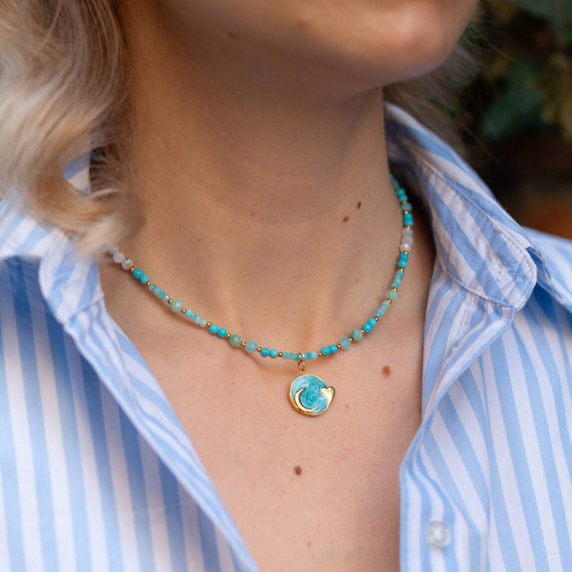 Naszyjnik choker z Amazonitem, Morganitem, Kamieniem Księżycowym