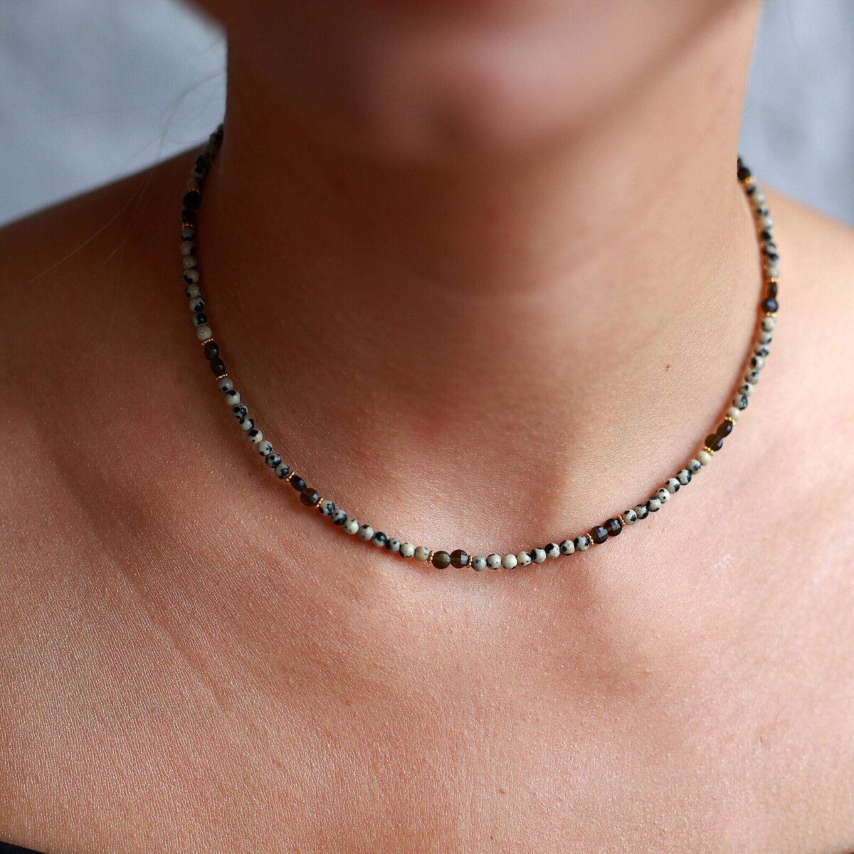 Naszyjnik Choker z Jaspisem Dalmatyńskim, Obsydianem Złocistym
