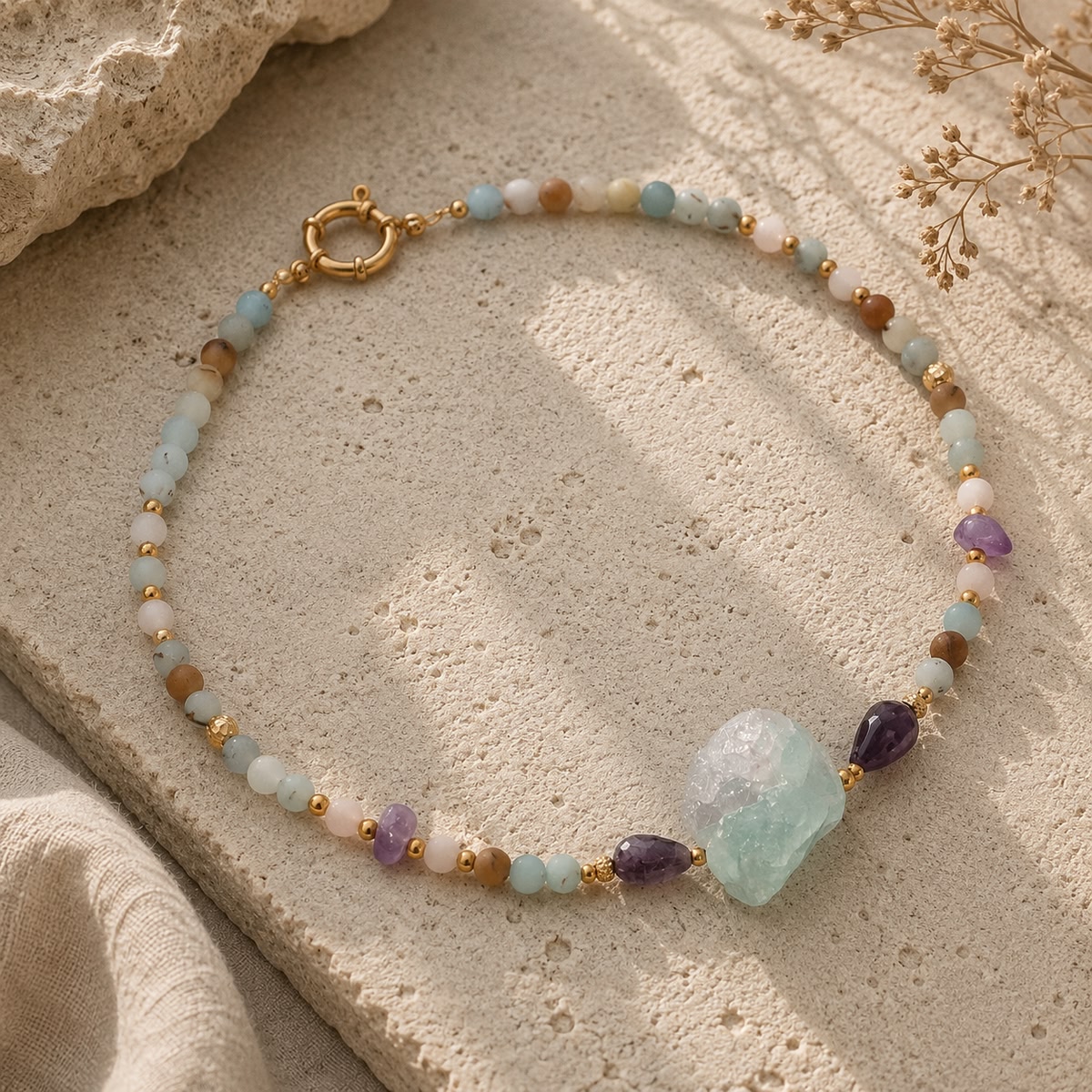 AMULET Świadomości i Serca z fluorytem, kwarcem różowym, ametystem, amazonitem – limitowany drop
